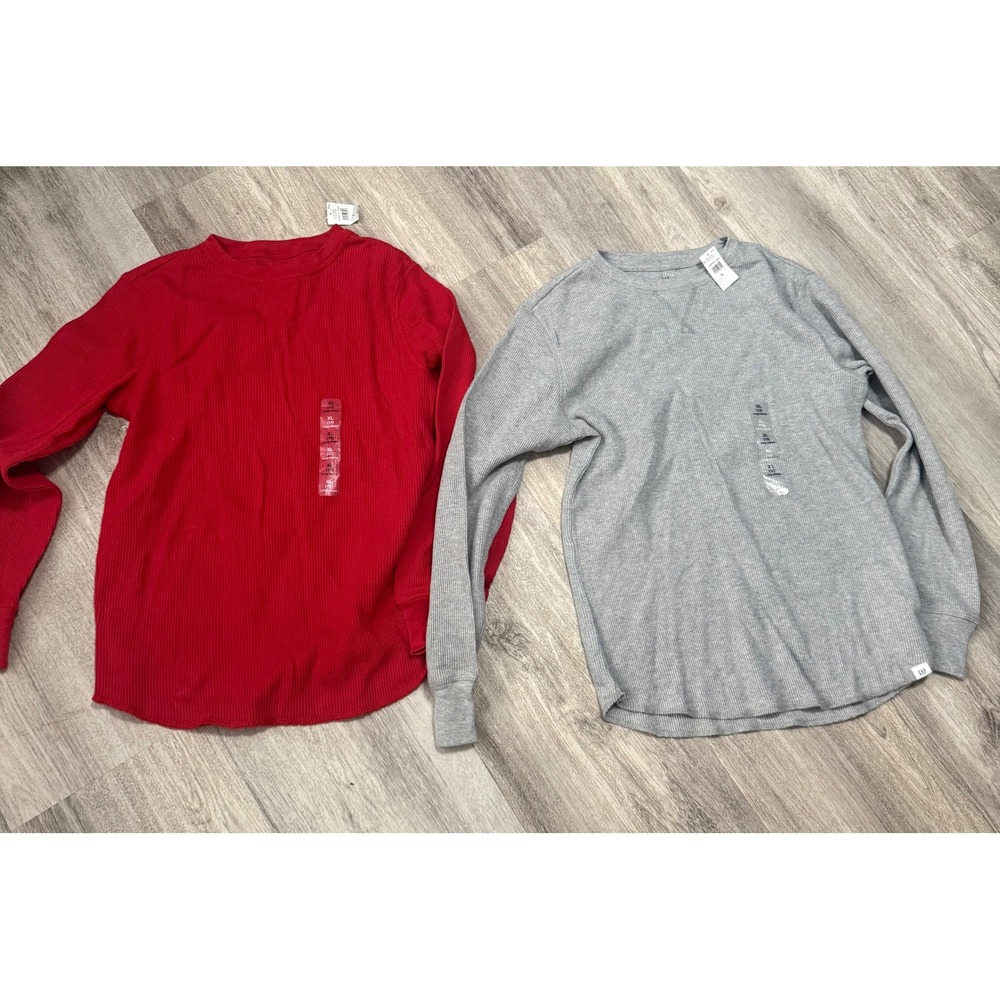 GAP Kids XL (12) Waffle Knit Long Sleeve Shirt Red‎ Gray Crew Neck